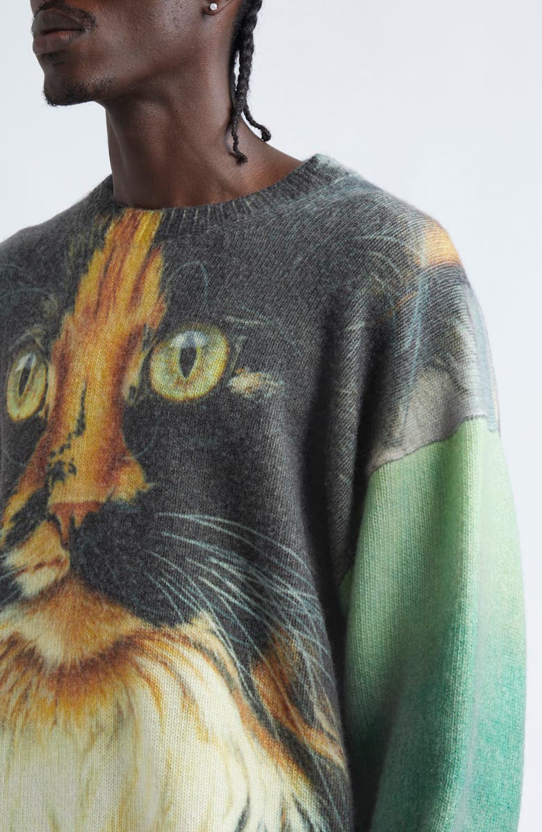 JW Anderson Cat Print Wool & Cashmere Blend Crewneck Sweater, Alternate, color,