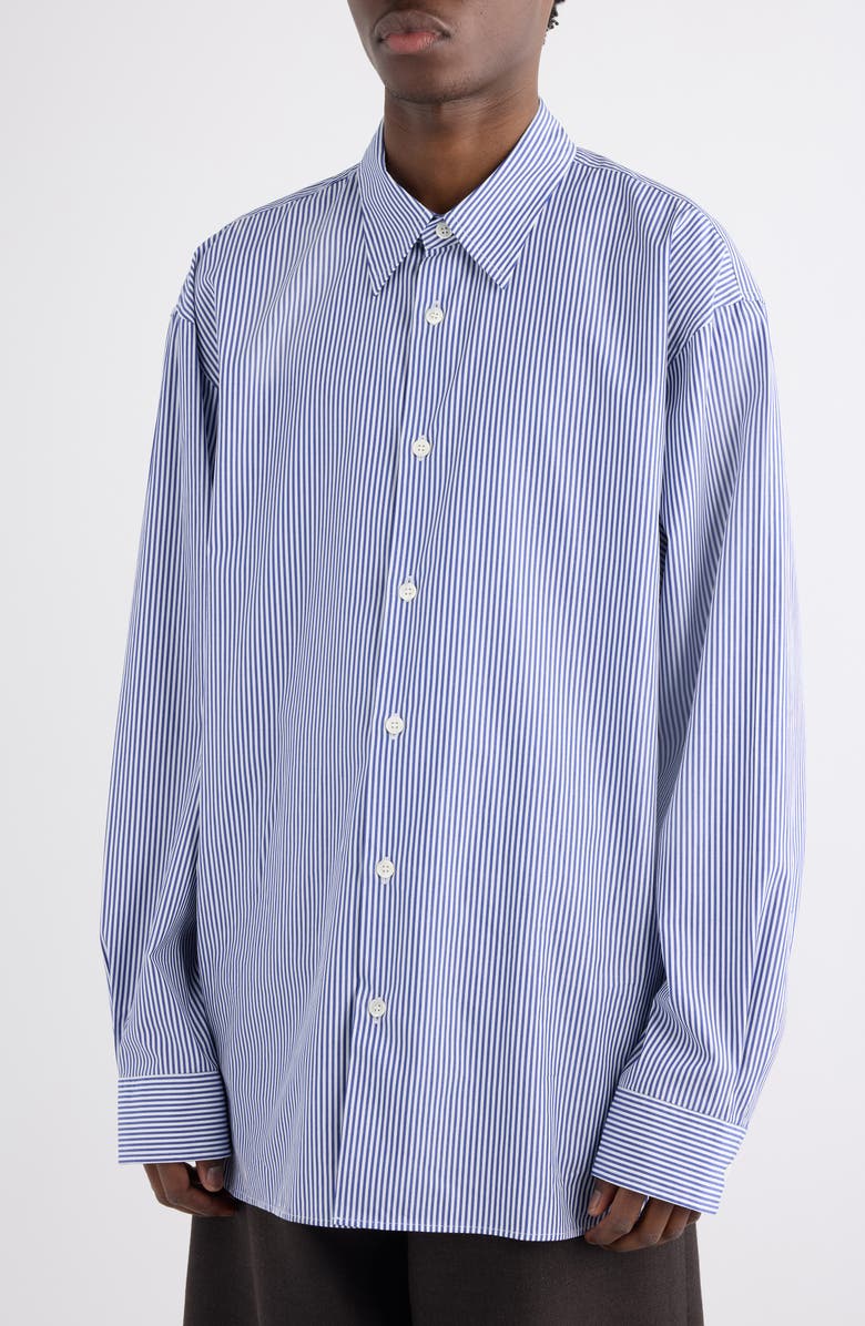 Dries Van Noten Croom Stripe Button-Up Shirt, Alternate, color, Navy