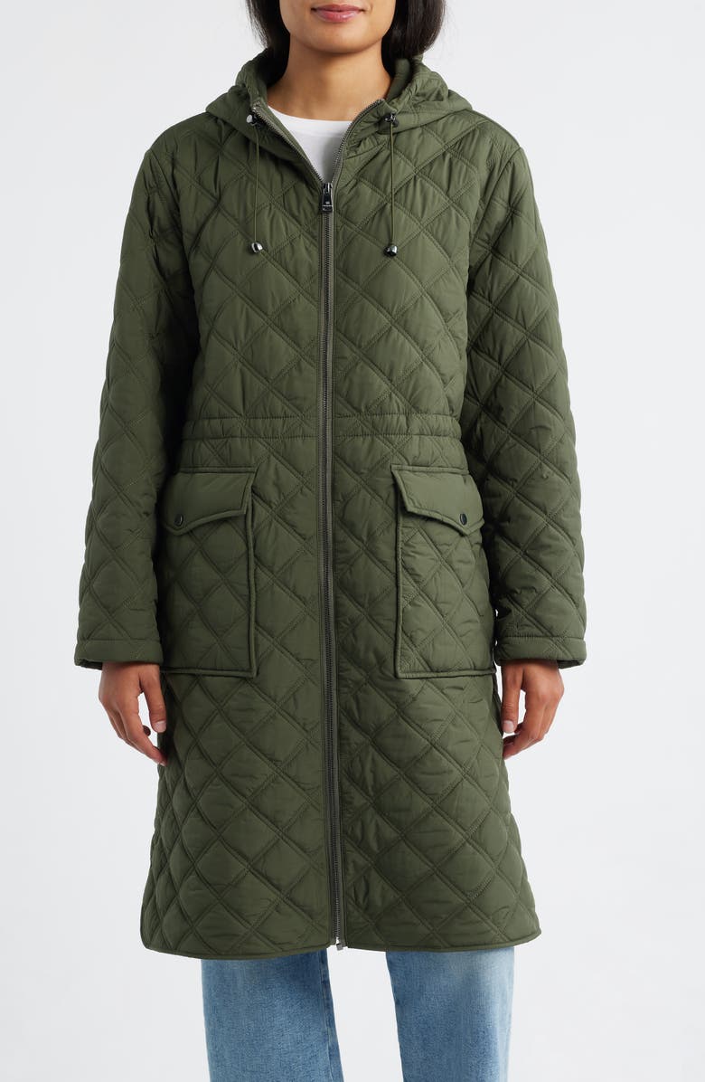 Bernardo Diamond Quilted Hooded Puffer Coat, Main, color, Olive