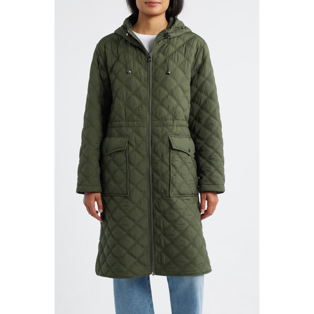 Bernardo Diamond Quilted Hooded Puffer Coat In Green
