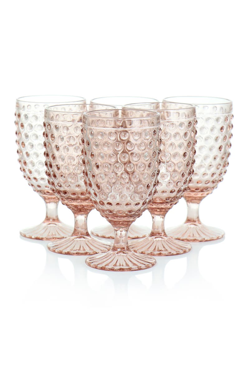 MARTHA STEWART 6 Piece 14.2 Ounce Clear Glass Hobnail Goblet Drinkware Set, Alternate, color, Pink