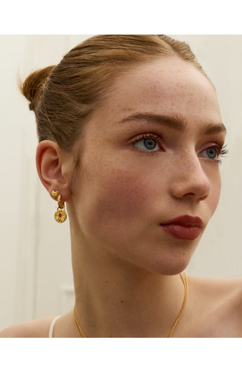 Ottoman Hands Garnet Heart Huggie Earrings, Alternate, color, Gold