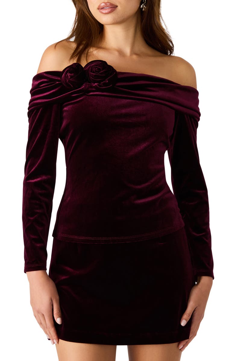 Steve Madden Lici Rosette Off the Shoulder Velvet Top, Main, color, Wine