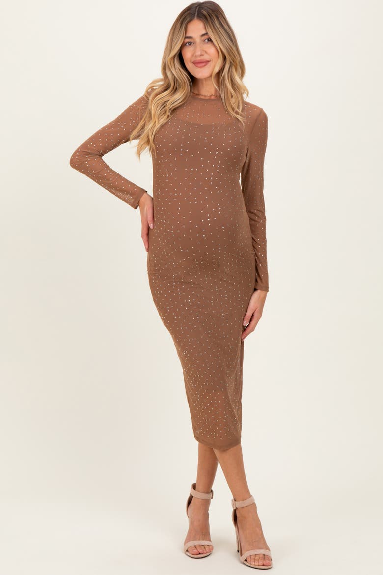 Rhinestone Mesh Long Sleeve Midi Dress, Main, color, Mocha