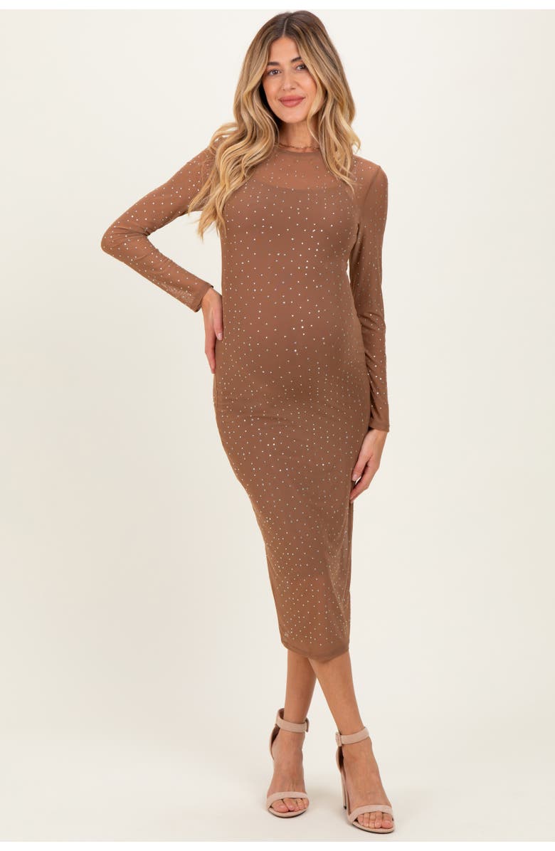 PinkBlush Rhinestone Mesh Long Sleeve Midi Dress, Main, color, Mocha