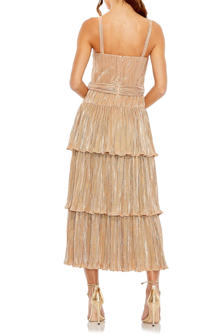 Square Neck Metallic Plissé Dress with Buckle Detail, Alternate, color, GOLD