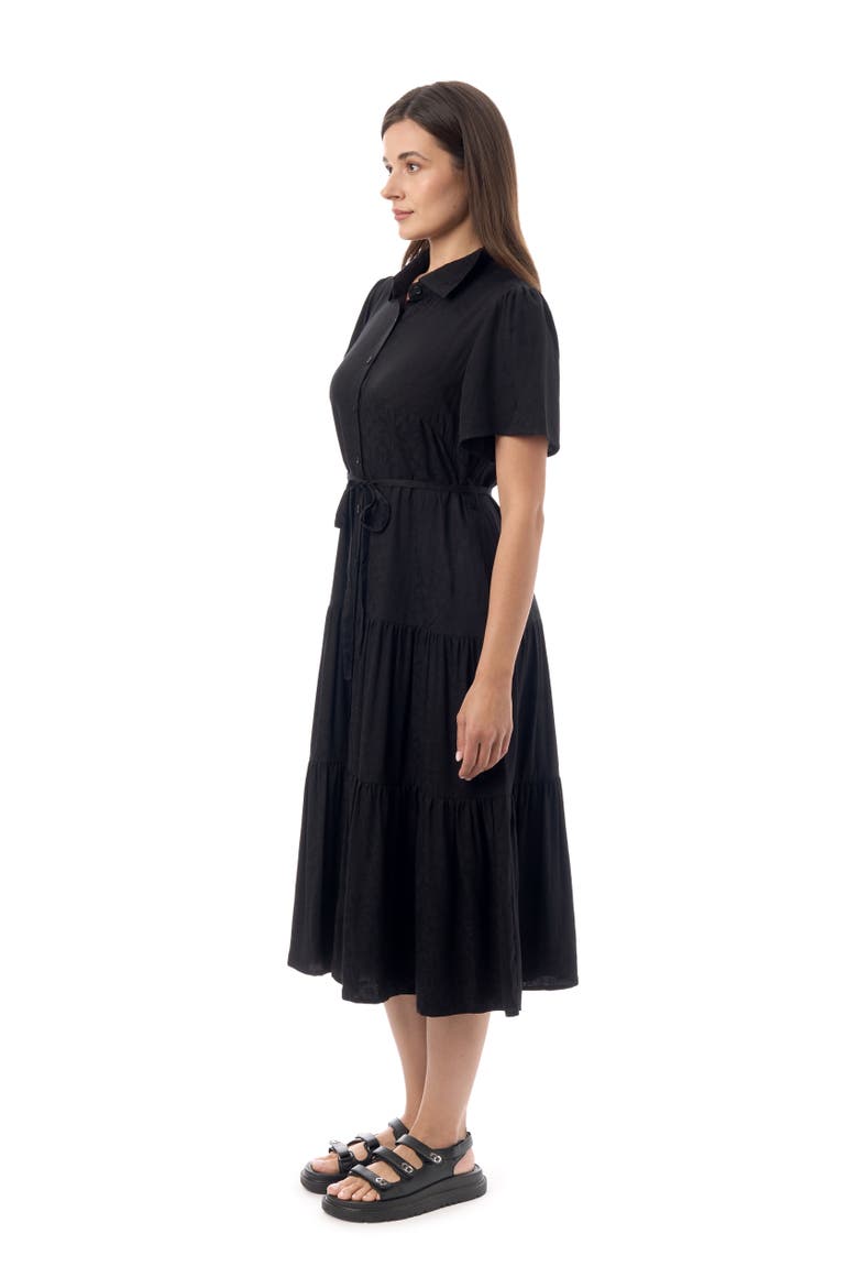Jacquard Tiered Belted Midi Dress, Alternate, color, Black