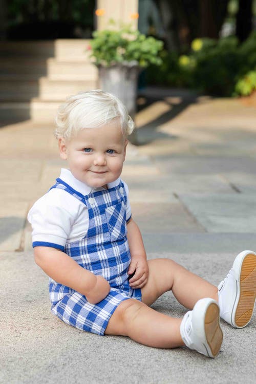Florence Eiseman Plaid Seersucker Shortall With Front Pocket In Blue