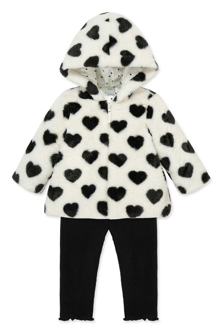 Heart T-Shirt, Faux Fur Jacket & Leggings Set, Alternate, color, WHITE/ BLACK