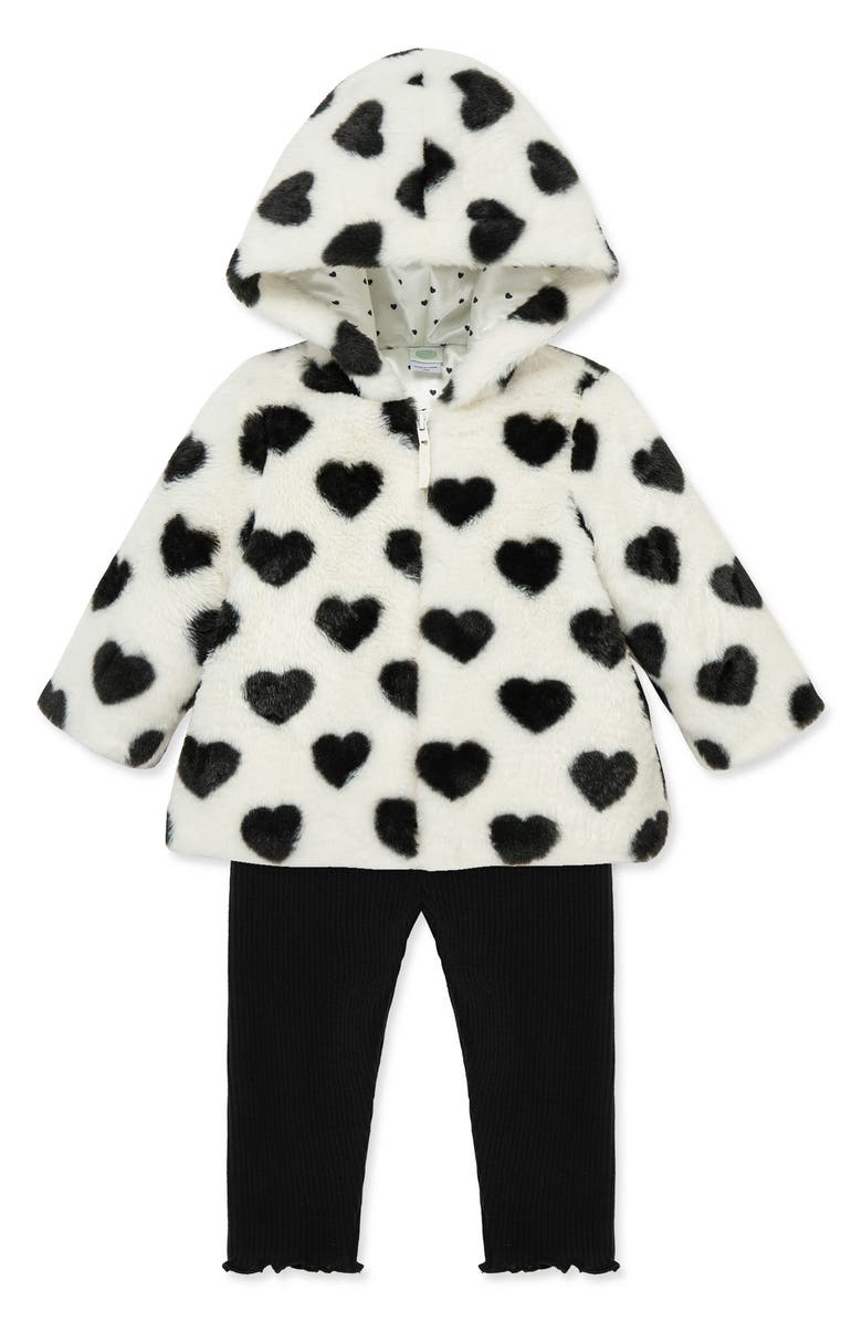 Little Me Heart T-Shirt, Faux Fur Jacket & Leggings Set, Alternate, color, White/ Black