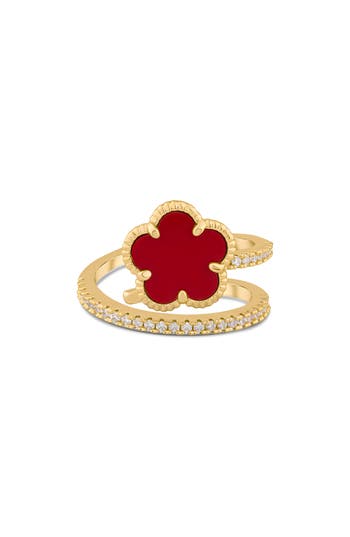 Cz By Kenneth Jay Lane Stone Clover & Cubic Zirconia Wrap Ring In Red/clear Gold