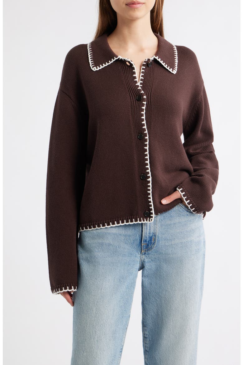 Rayleen Collar Cotton Cardigan, Main, color, BROWN IVORY BLANKET STITCH