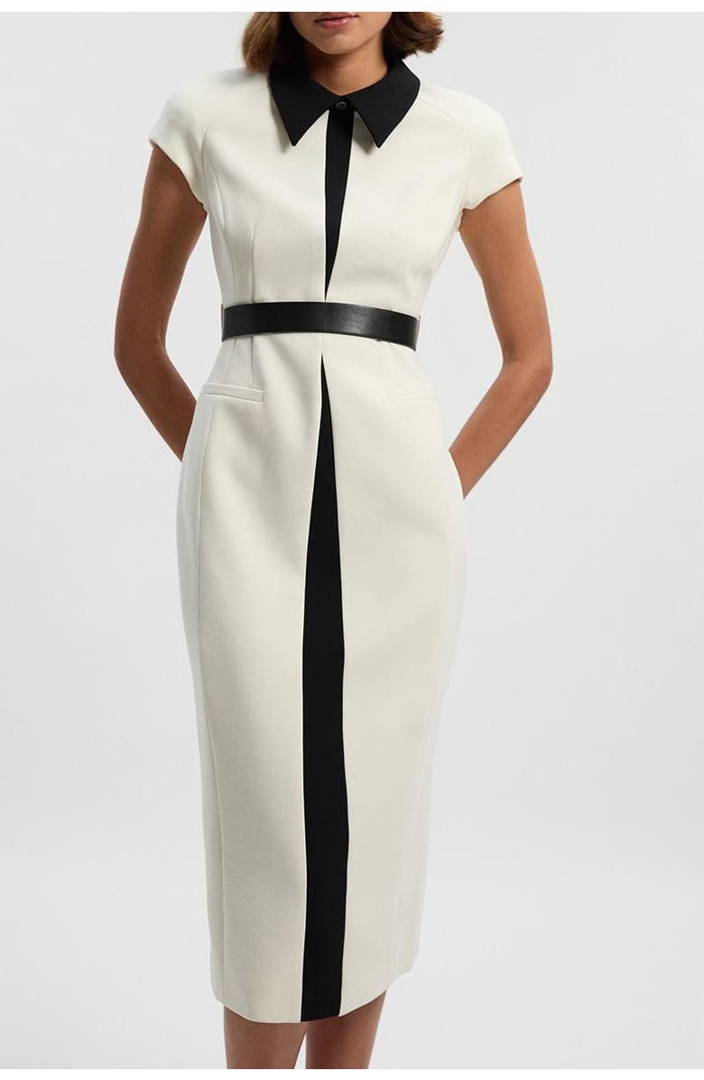 Karen Millen Contrast Collar Tailored Midi Dress, Alternate, color, Ivory