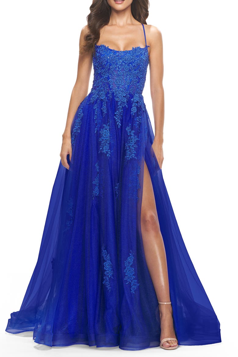A-line Tulle Gown with Floral Embroidery and Pockets, Main, color, Royal Blue