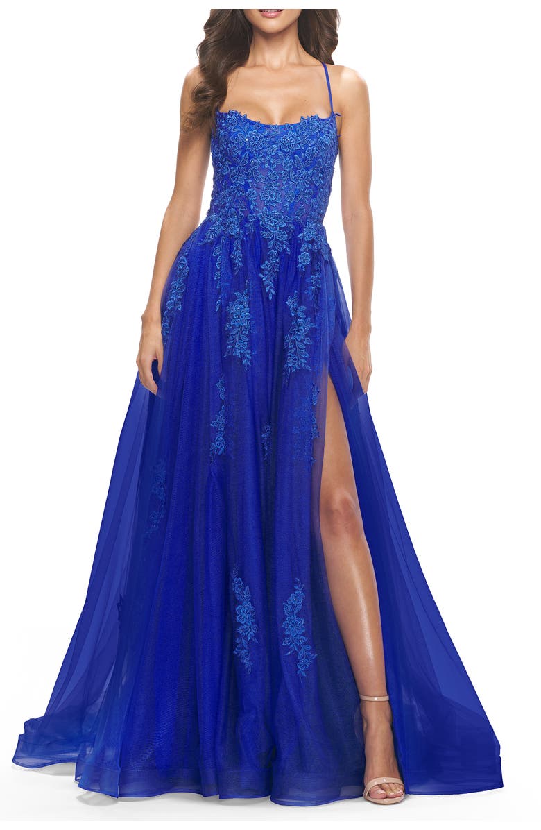La Femme A-line Tulle Gown with Floral Embroidery and Pockets, Main, color,