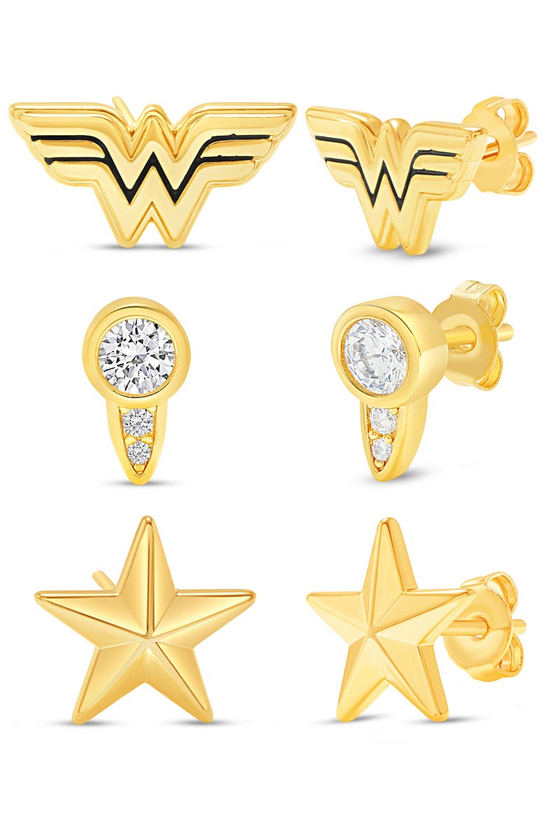 Wonder Woman Stud Earrings Set, 3 Pairs, Main, color, Gold-Tone