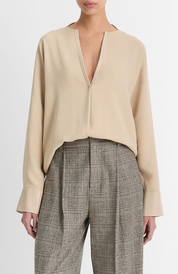 Shop Vince Faux Leather Trim Dolman Sleeve Top In Dark Ivory