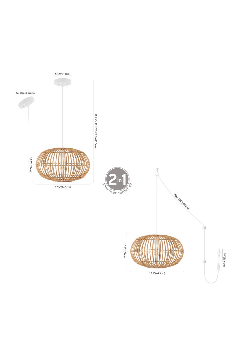 JONATHAN Y Leo 1-Light Farmhouse Coastal Rattan 180" Cord Plug-In or Hardwired LED Pendant, Alternate, color, 