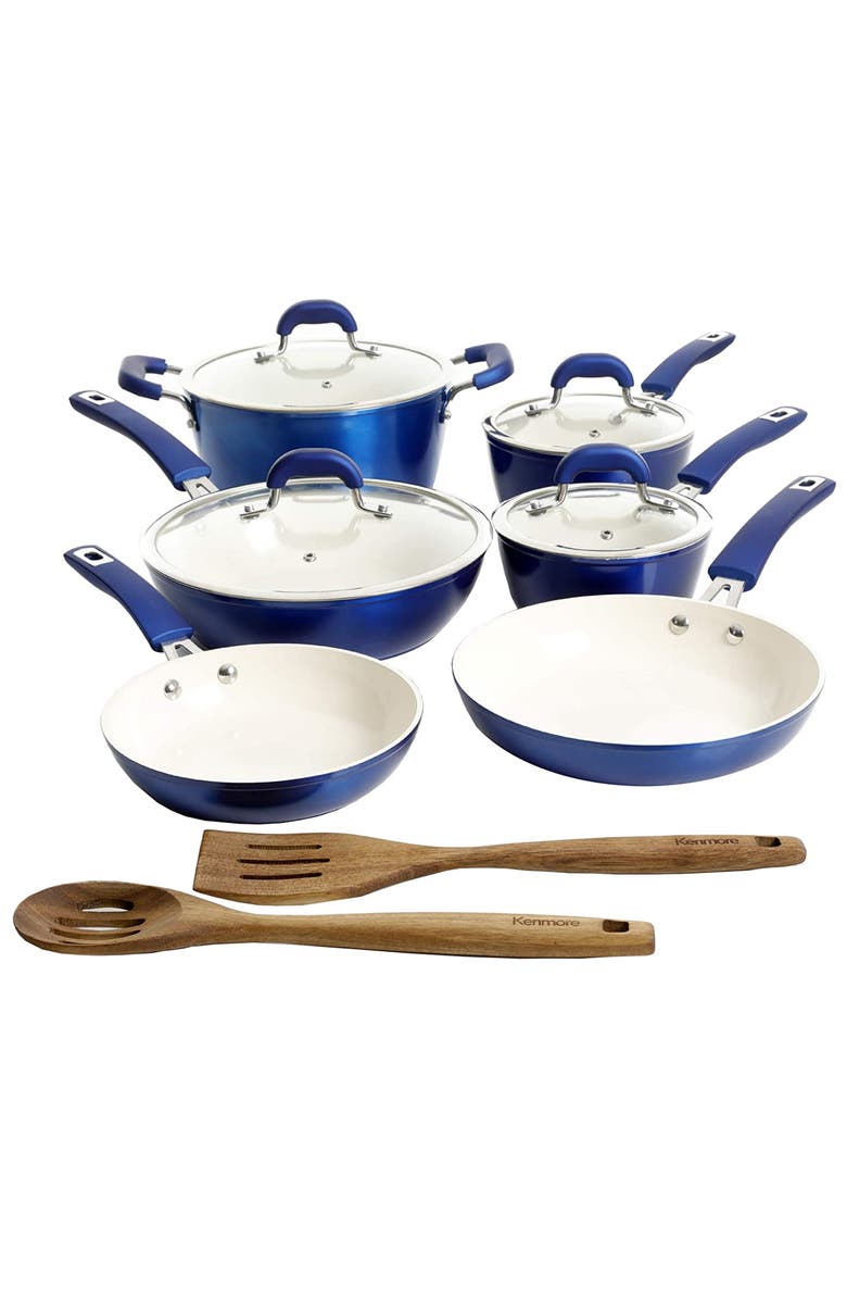 Kenmore Arlington 12 Piece Aluminum Ceramic Coated Nonstick Cookware Set, Alternate, color, Blue