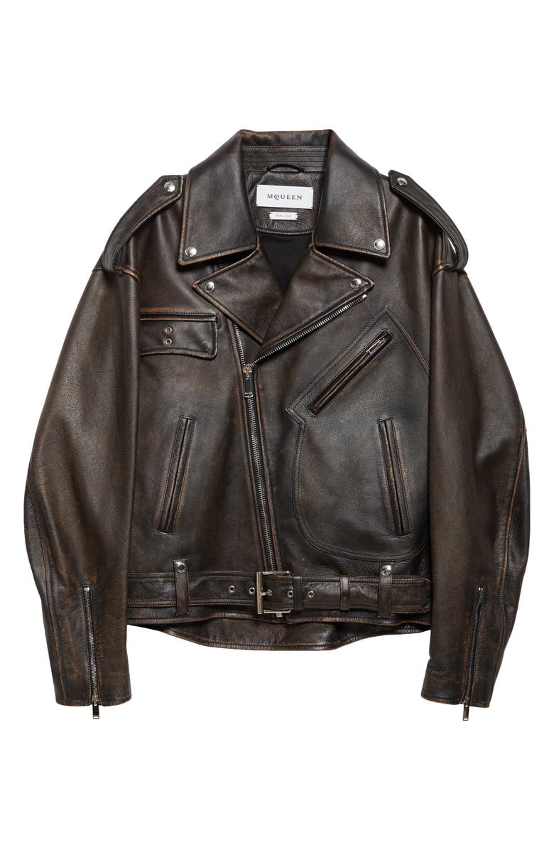 McQueen Antiqued Leather Biker Jacket, Alternate, color, Dark Brown/ Tan
