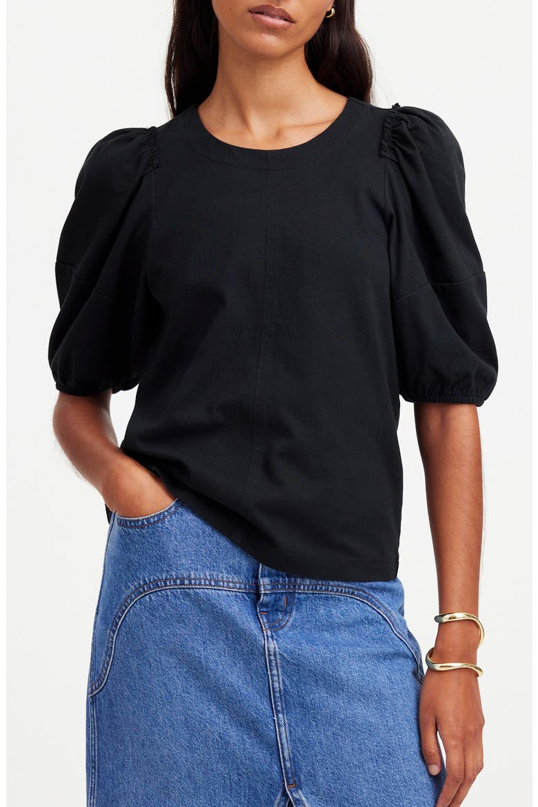 Puff Sleeve Cotton T-Shirt, Main, color, TRUE BLACK