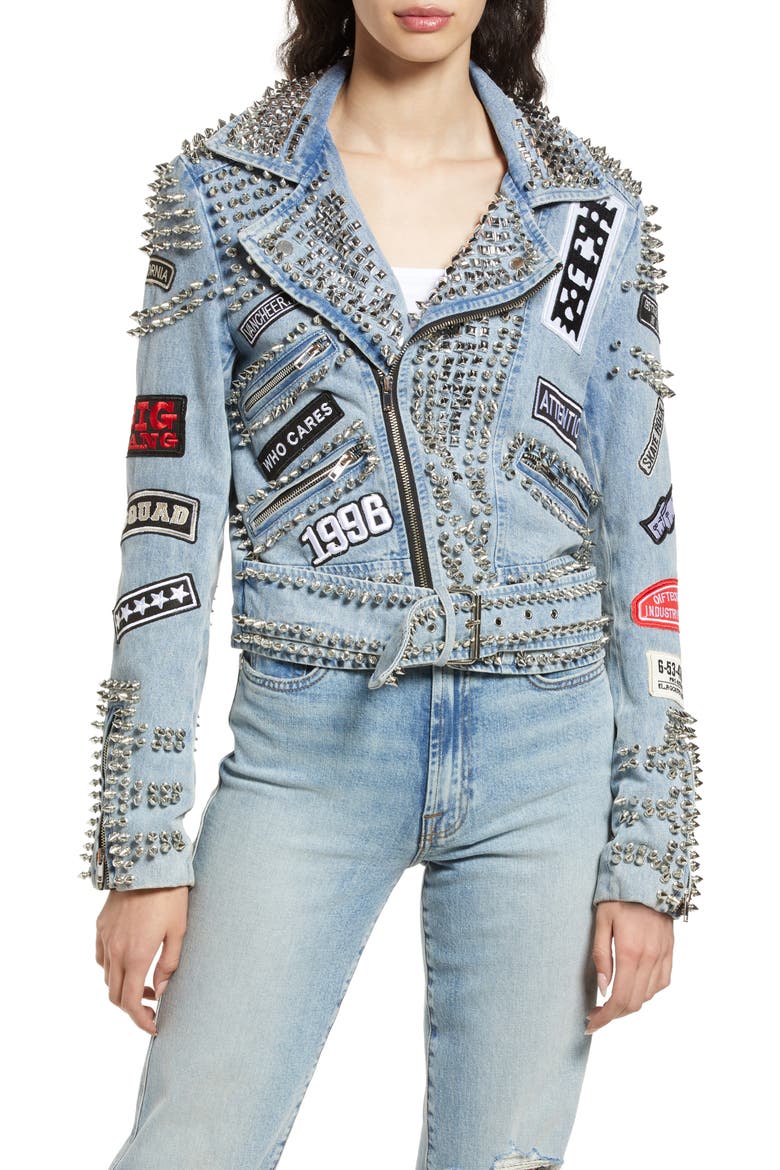 Spike Patch Embellished Belted Denim Moto Jacket, Alternate, color, BLUE