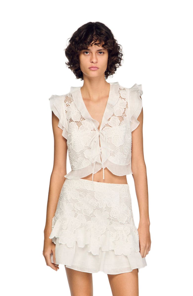 SANDRO Guipure lace crop top, Main, color, White