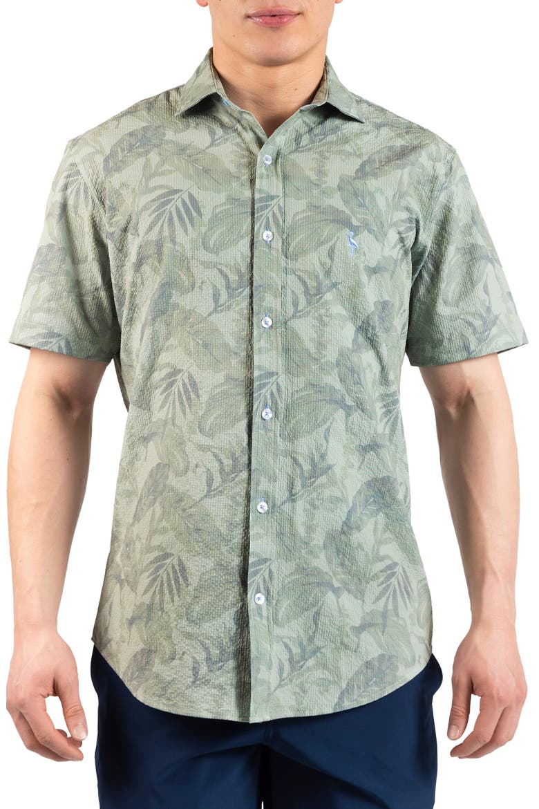 Tropical Leaves Short Sleeve Button-Up Shirt, Main, color, SAGE