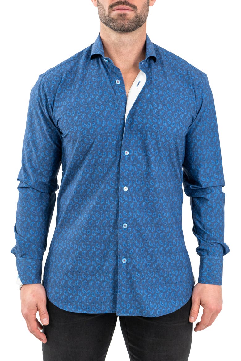 Einstein Stretch Oceanic Button-Up Shirt, Main, color, BLUE