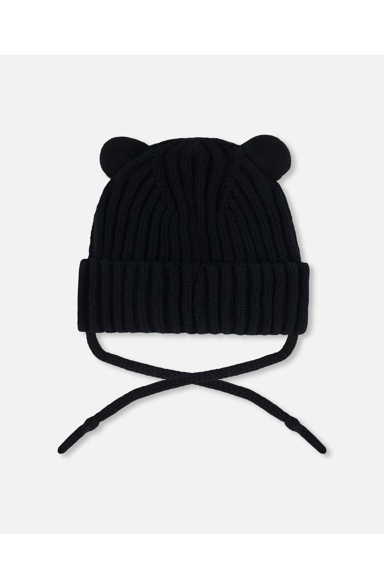 Deux par Deux Baby Unisex Baby Knit Hat With Strings Black, Alternate, color, 
