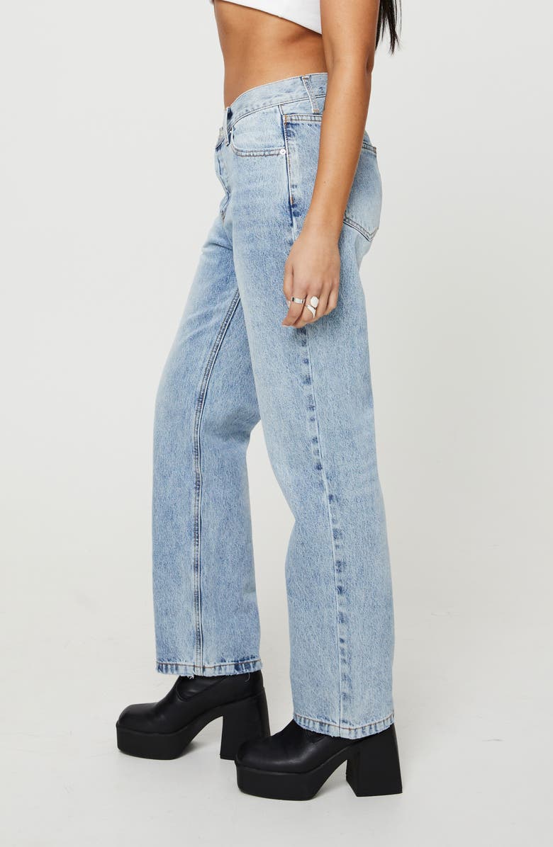 Princess Polly Holly Asymmetric Crossover Waist Rigid Straight Leg Jeans, Alternate, color, Blue