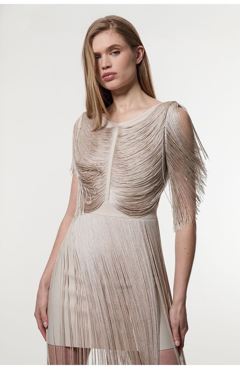 Karen Millen Maxi Draped Fringe Knitted Mini Dress, Alternate, color, Silver