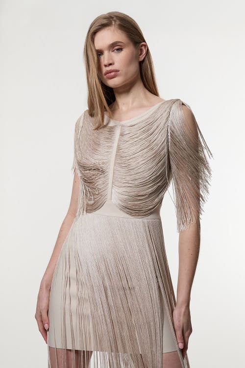 Karen Millen Maxi Draped Fringe Knitted Mini Dress In Neutral