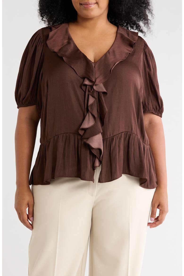 Ruffle Short Sleeve Peplum Top, Main, color, COCOA BEAN