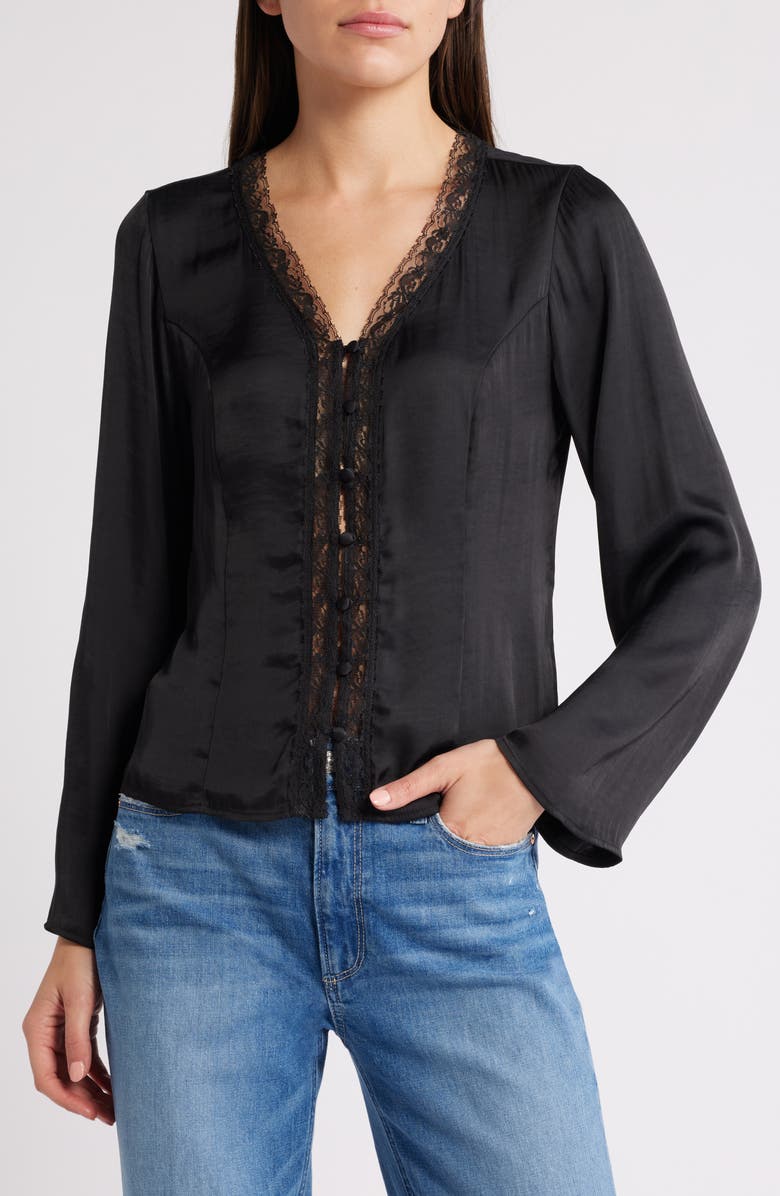 Treasure & Bond Lace Trim Satin Button-Up Shirt, Main, color,