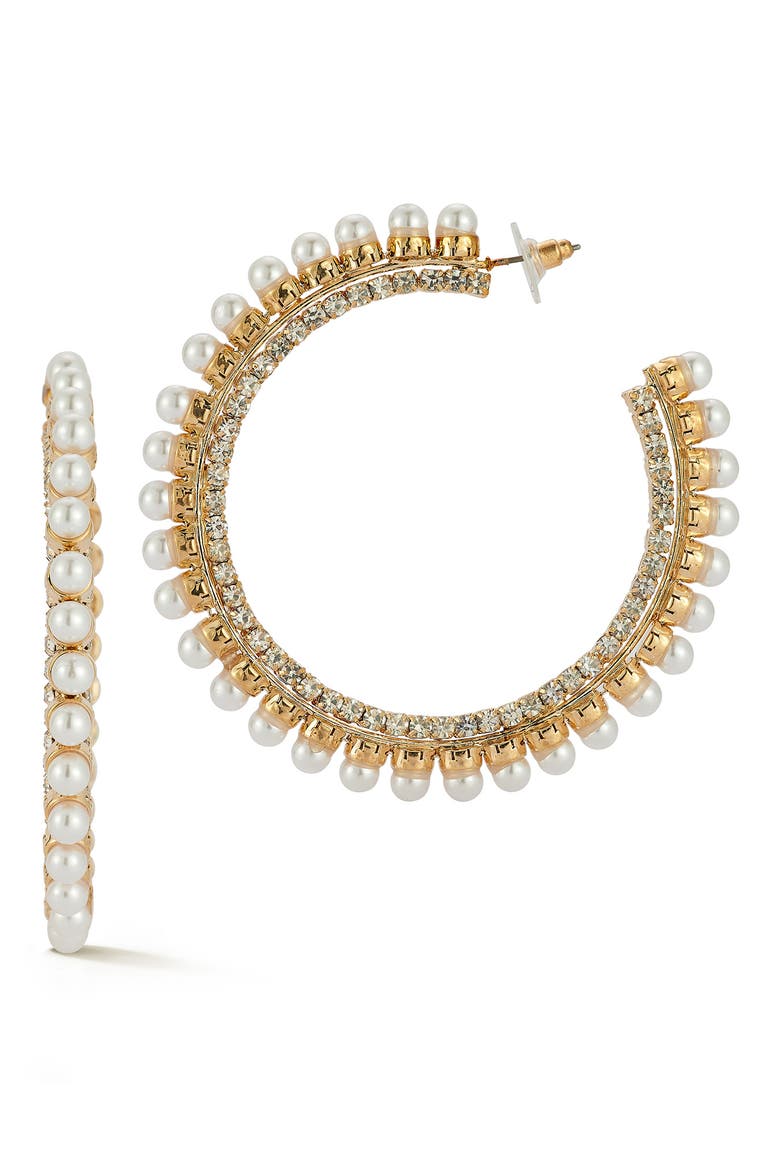 Faux Pearl & Cubic Zirconia Hoop Earrings, Main, color, GOLD