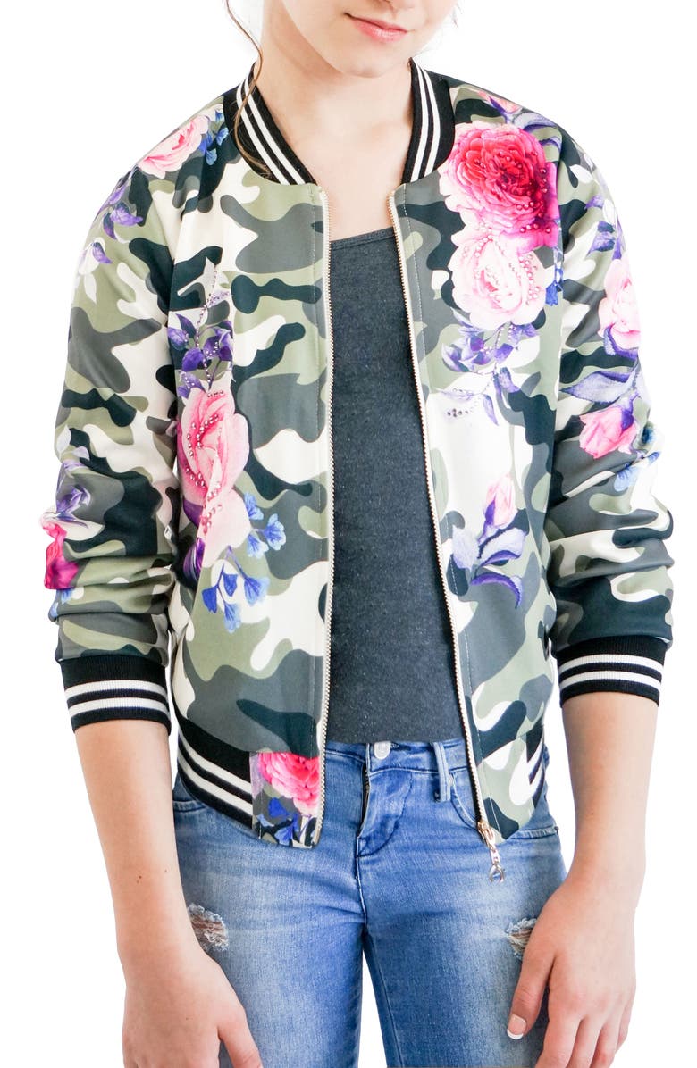Truly Me Camo & Rose Bomber Jacket, Main, color, 