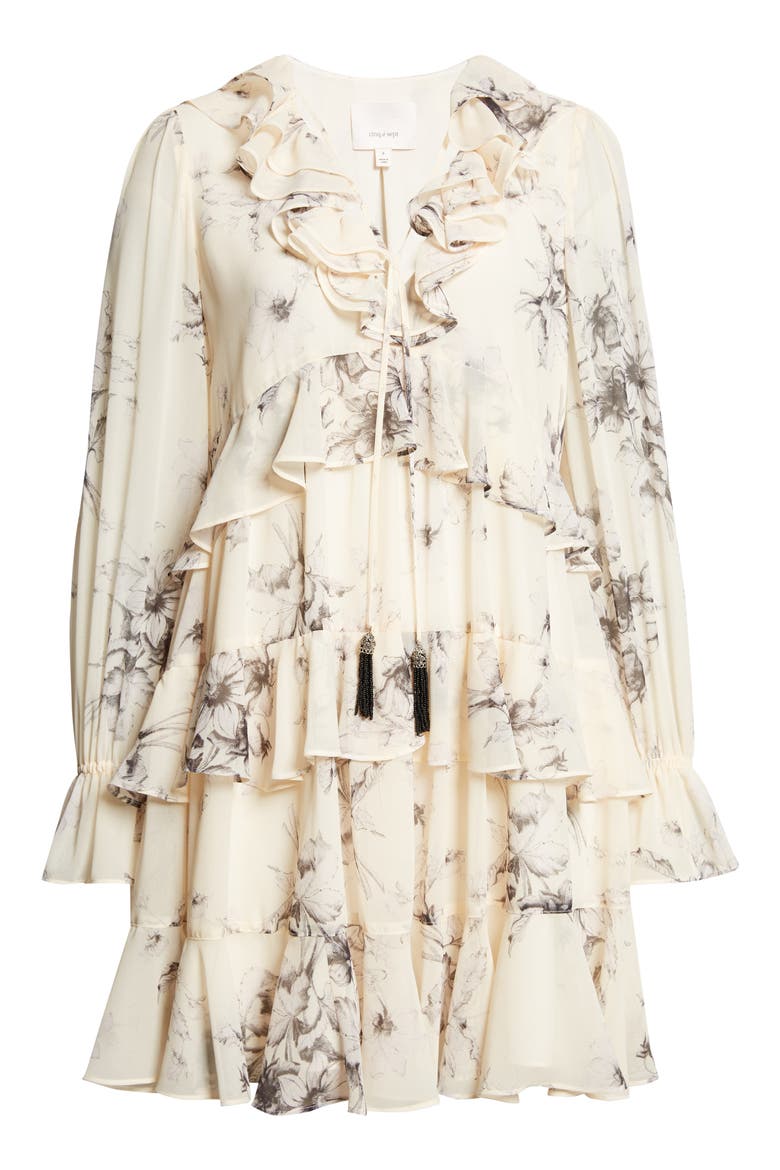 Sacha Floral Tiered Ruffle Trim Dress, Alternate, color, GARDENIA/ BLACK