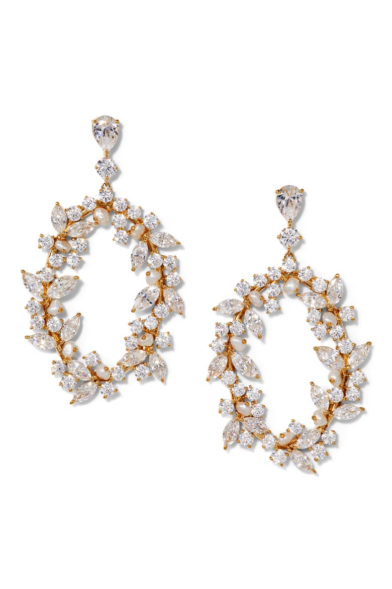 Ravish Laurel Cubic Zirconia & Cultured Pearl Drop Earrings, Main, color, GOLD