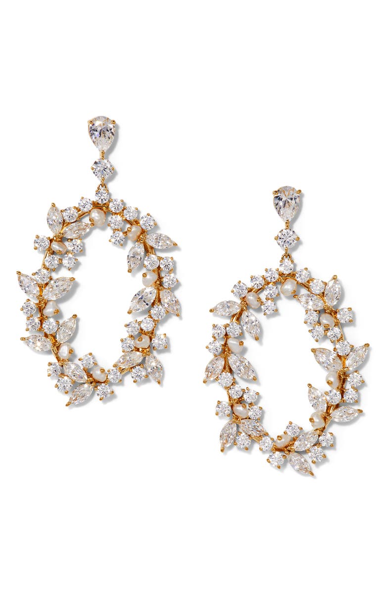 Nadri Ravish Laurel Cubic Zirconia & Cultured Pearl Drop Earrings, Main, color, Gold