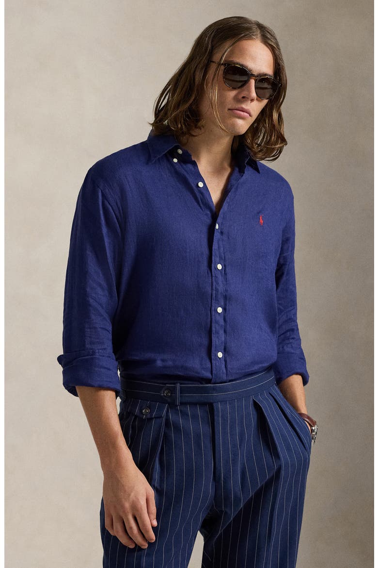 Solid White Linen Button-Down Shirt, Alternate, color, NEW CLASSIC NAVY
