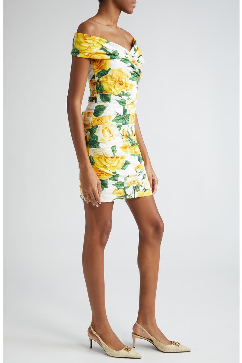 Rose Print Off the Shoulder Stretch Cotton Minidress, Alternate, color, WHITE/ ROSES