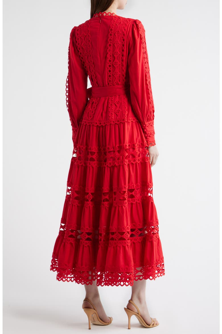 Lace Trim Long Sleeve Cotton Maxi Dress, Alternate, color, CANDY APPLE