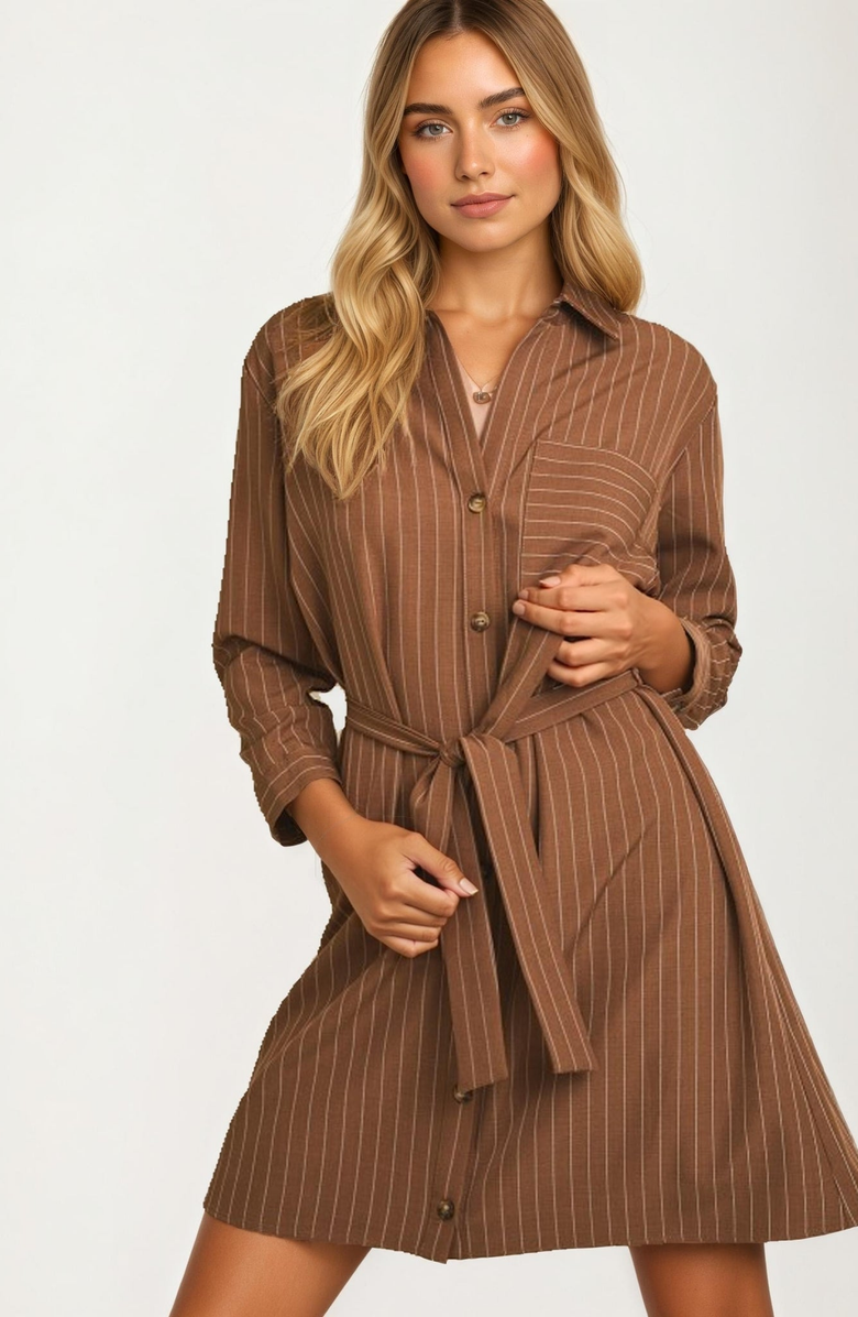 Knit and Lounge Striped Button-Front Waist-Tie Shirt Dress, Alternate, color, 