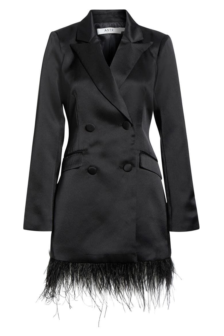 Breonna Feather Trim Blazer Dress, Alternate, color, BLACK