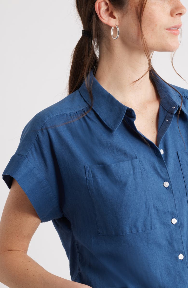 Caslon<sup>®</sup> Linen Blend Short Sleeve Button-Up Shirt, Alternate, color, Blue Ensign