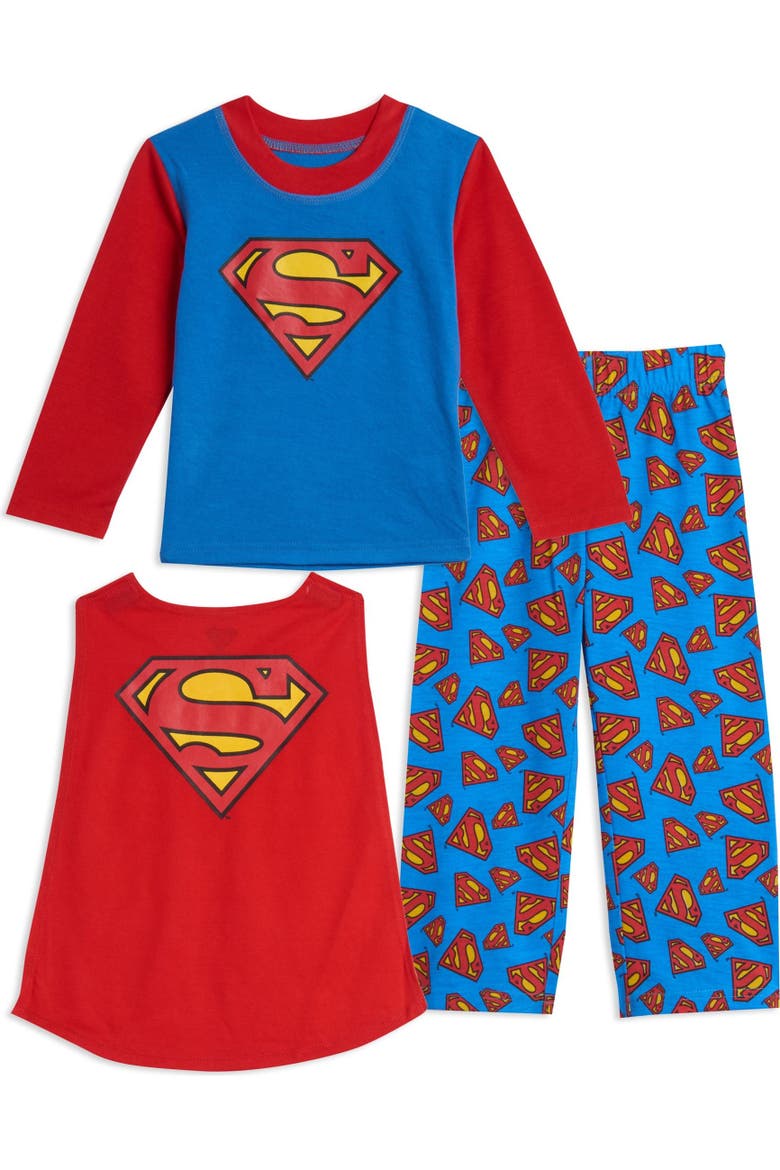 Justice League Superman 3 Piece Pajama Shirt Pants and Cape Set, Main, color, Superman Blue Red