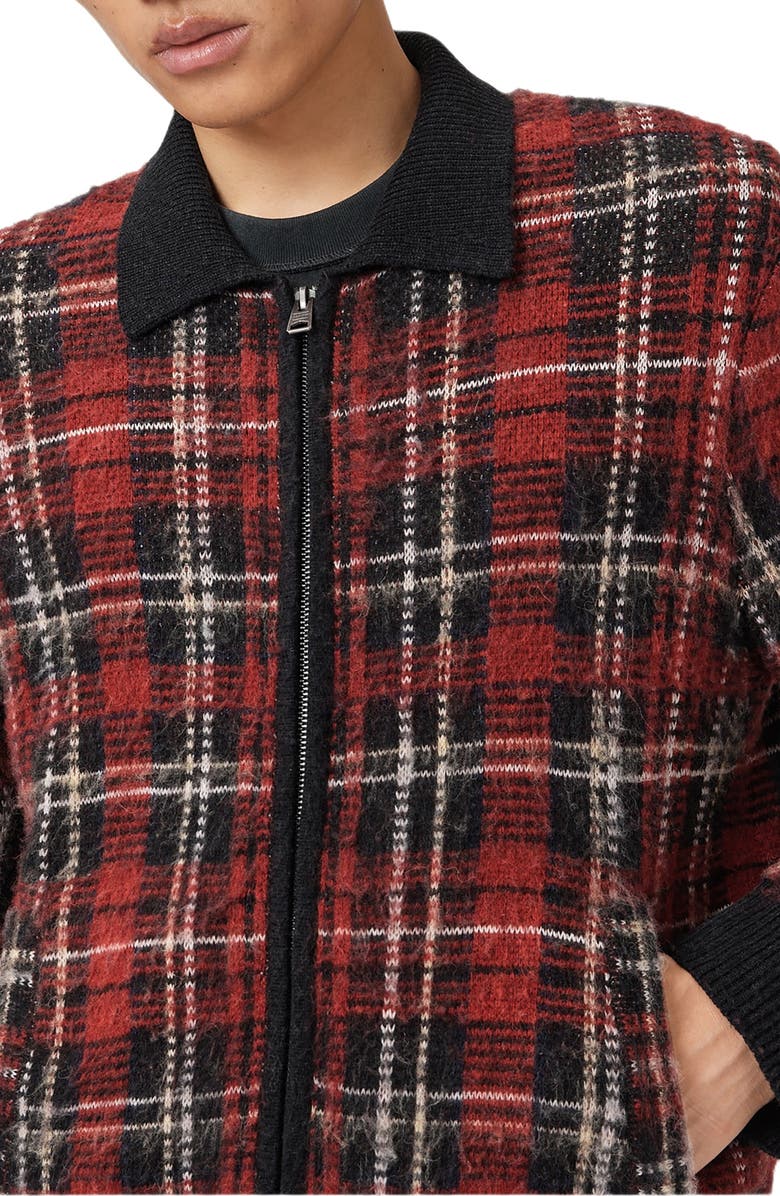 AllSaints Nettle Plaid Zip Cardigan, Alternate, color, Red