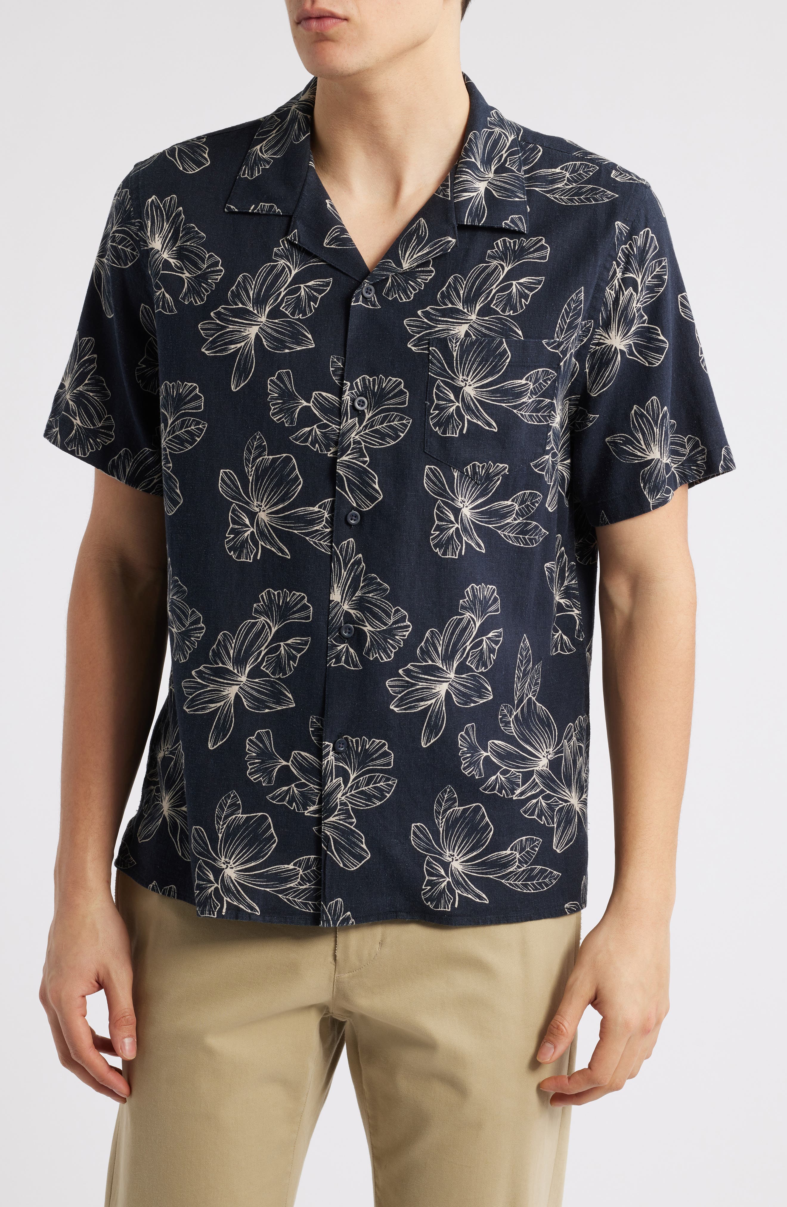 Vince Cabana Floral Short Sleeve Linen Blend Button-Up Shirt