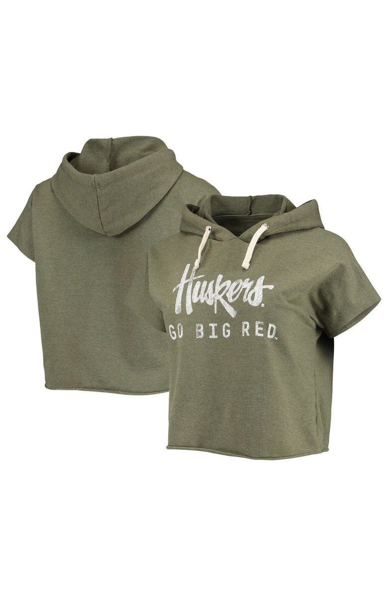 Retro Brand Women's Original Retro Brand Olive Nebraska Huskers Cropped Tri-Blend Short Sleeve Pullover Hoodie, Main, color, 